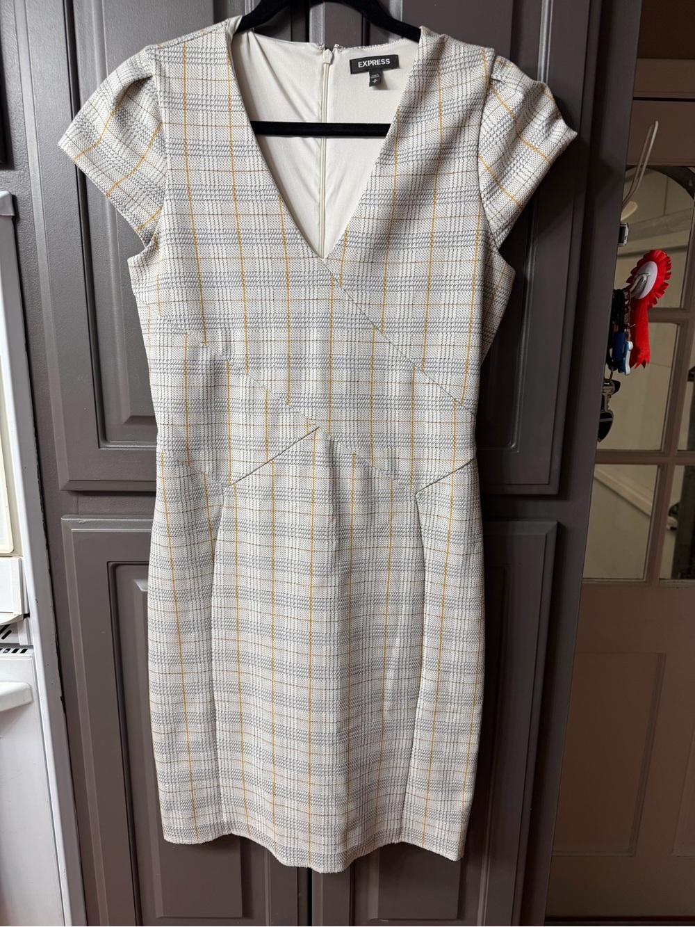 Express Cream Plaid Midi Dress with Yellow Accents